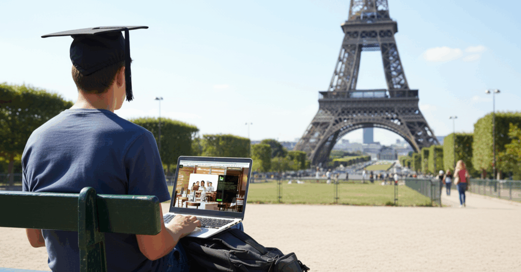 Etudiant qui se connecte à Paris devant la tour Eiffel à Qualitop Formation.